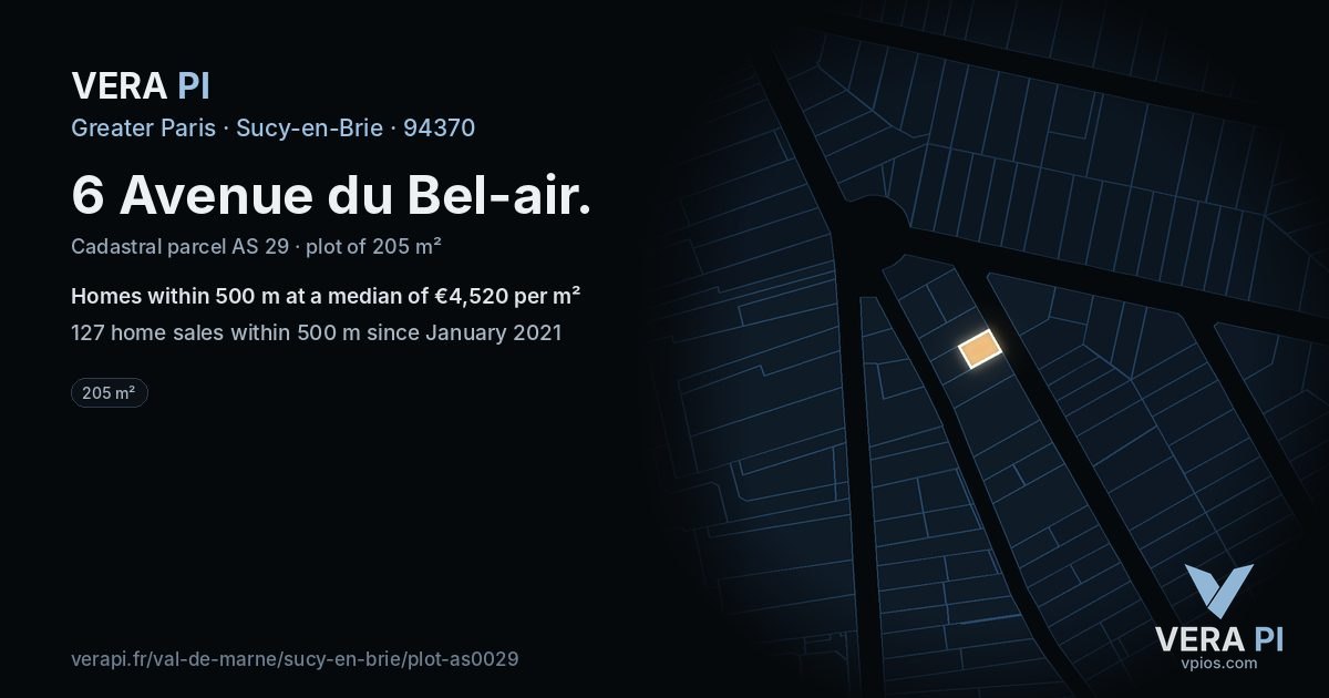 6 Avenue du Bel-air, Sucy-en-Brie at night – the plot lit, the parcels around coloured by the prices near them