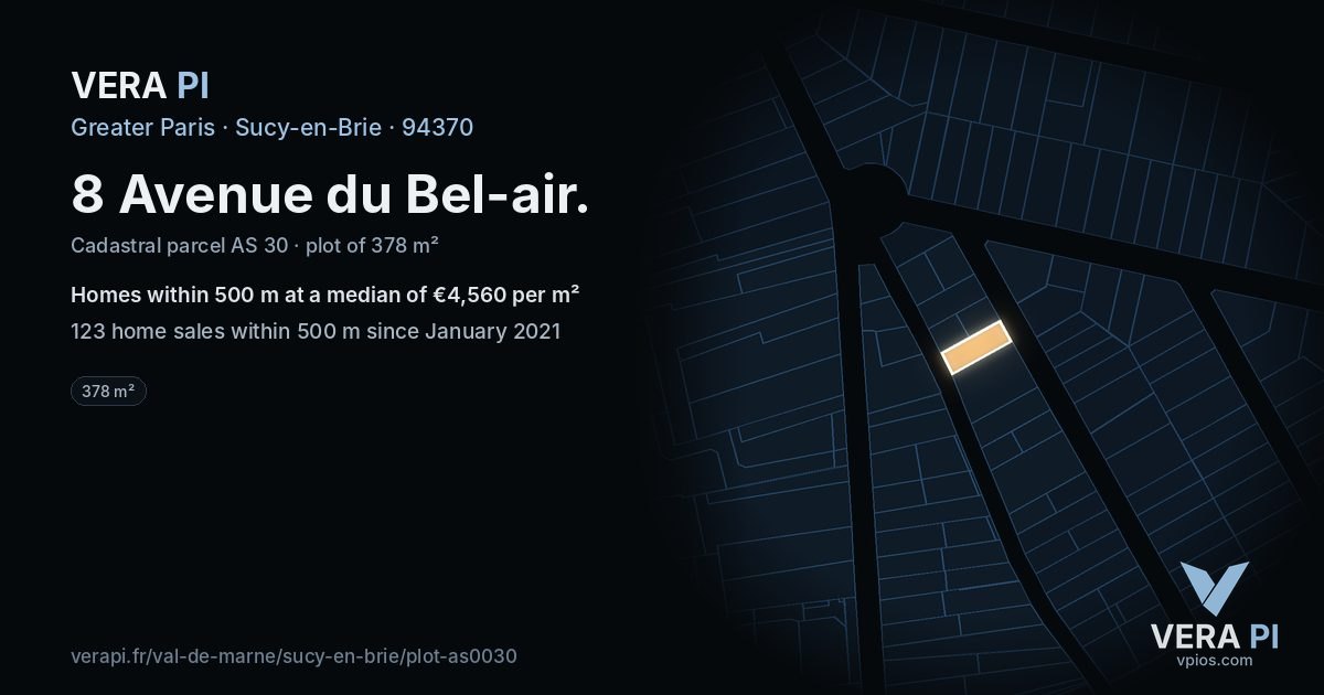 8 Avenue du Bel-air, Sucy-en-Brie at night – the plot lit, the parcels around coloured by the prices near them