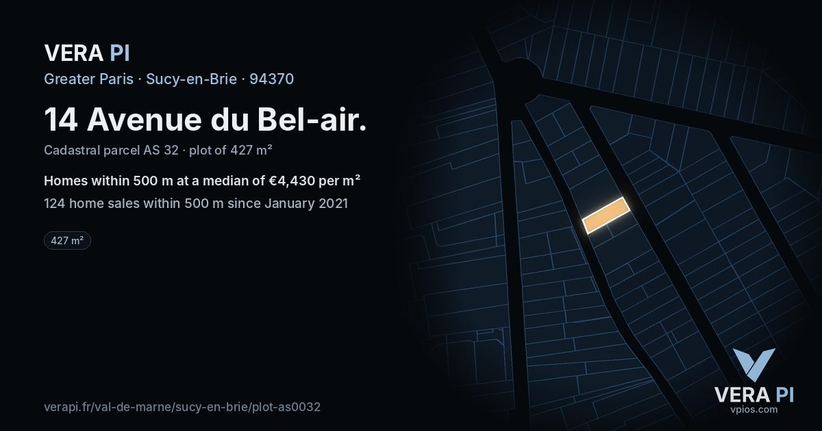14 Avenue du Bel-air, Sucy-en-Brie at night – the plot lit, the parcels around coloured by the prices near them