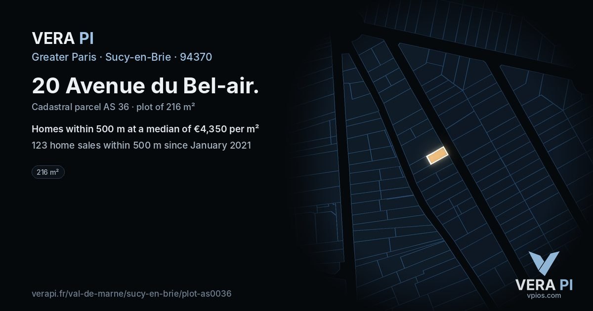 20 Avenue du Bel-air, Sucy-en-Brie at night – the plot lit, the parcels around coloured by the prices near them