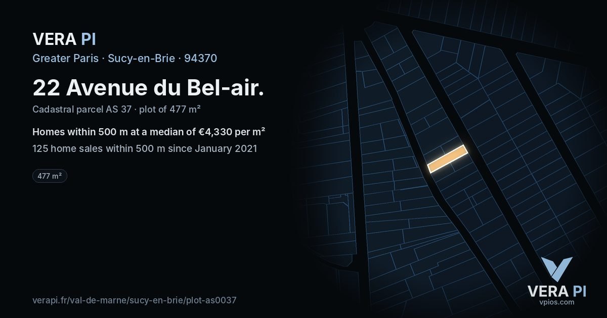 22 Avenue du Bel-air, Sucy-en-Brie at night – the plot lit, the parcels around coloured by the prices near them