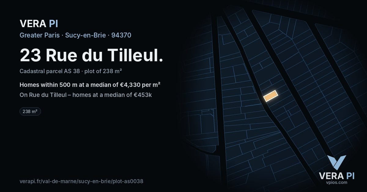 23 Rue du Tilleul, Sucy-en-Brie at night – the plot lit, the parcels around coloured by the prices near them
