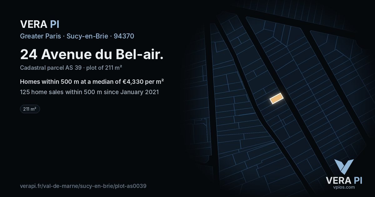 24 Avenue du Bel-air, Sucy-en-Brie at night – the plot lit, the parcels around coloured by the prices near them