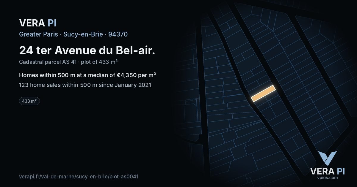 24 ter Avenue du Bel-air, Sucy-en-Brie at night – the plot lit, the parcels around coloured by the prices near them