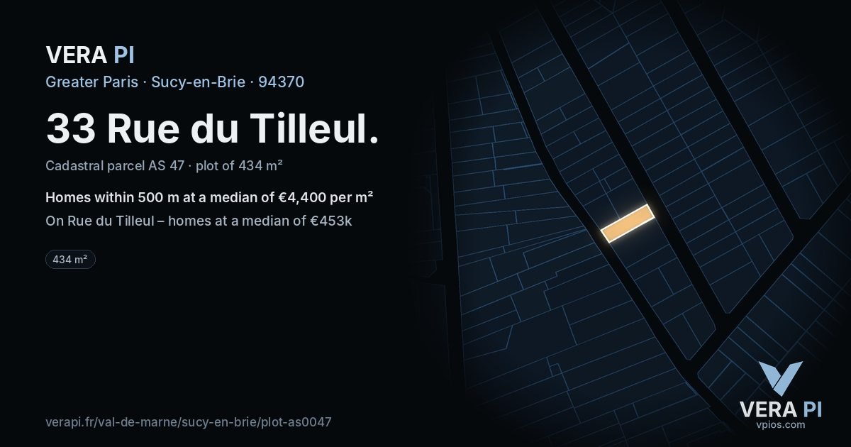 33 Rue du Tilleul, Sucy-en-Brie at night – the plot lit, the parcels around coloured by the prices near them
