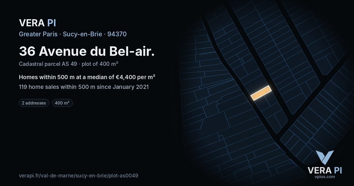 36 Avenue du Bel-air, Sucy-en-Brie at night – the plot lit, the parcels around coloured by the prices near them
