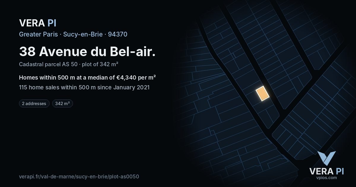 38 Avenue du Bel-air, Sucy-en-Brie at night – the plot lit, the parcels around coloured by the prices near them