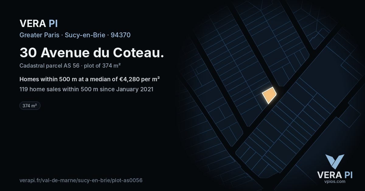 30 Avenue du Coteau, Sucy-en-Brie at night – the plot lit, the parcels around coloured by the prices near them