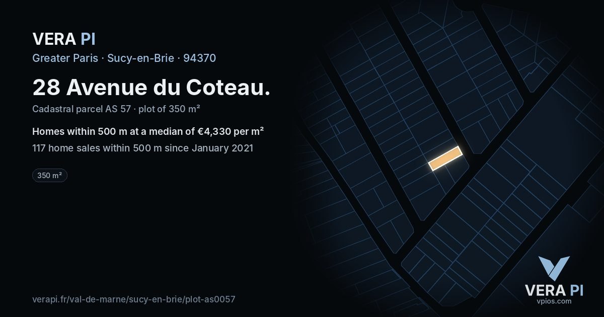 28 Avenue du Coteau, Sucy-en-Brie at night – the plot lit, the parcels around coloured by the prices near them