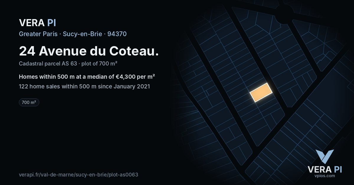 24 Avenue du Coteau, Sucy-en-Brie at night – the plot lit, the parcels around coloured by the prices near them