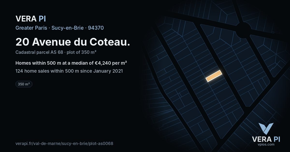 20 Avenue du Coteau, Sucy-en-Brie at night – the plot lit, the parcels around coloured by the prices near them
