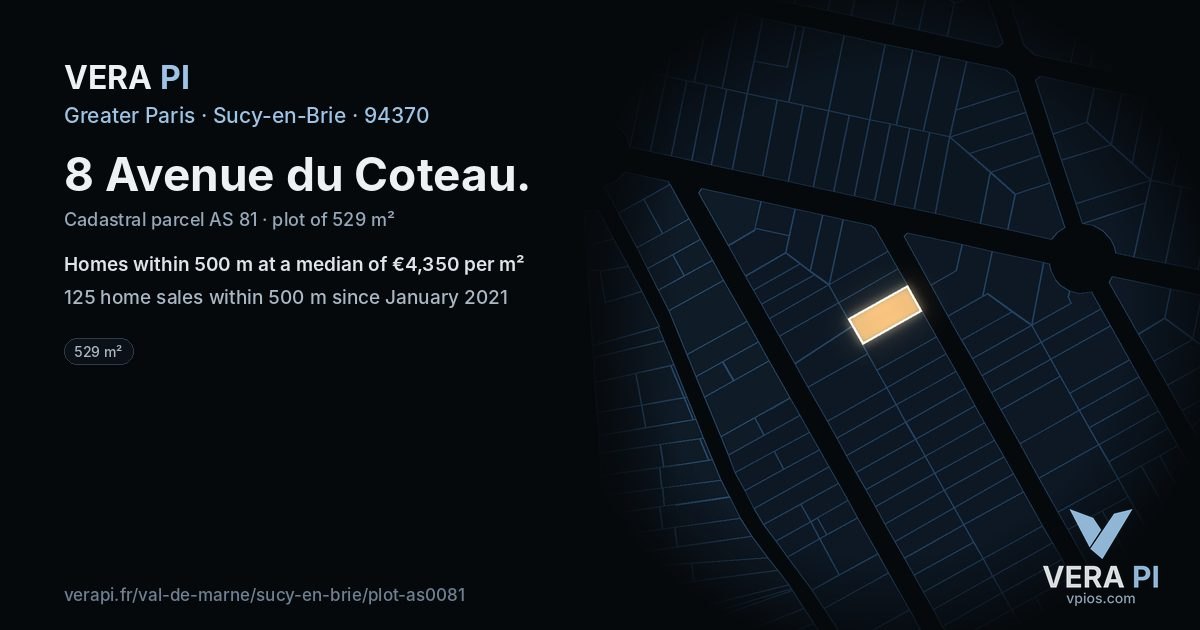 8 Avenue du Coteau, Sucy-en-Brie at night – the plot lit, the parcels around coloured by the prices near them