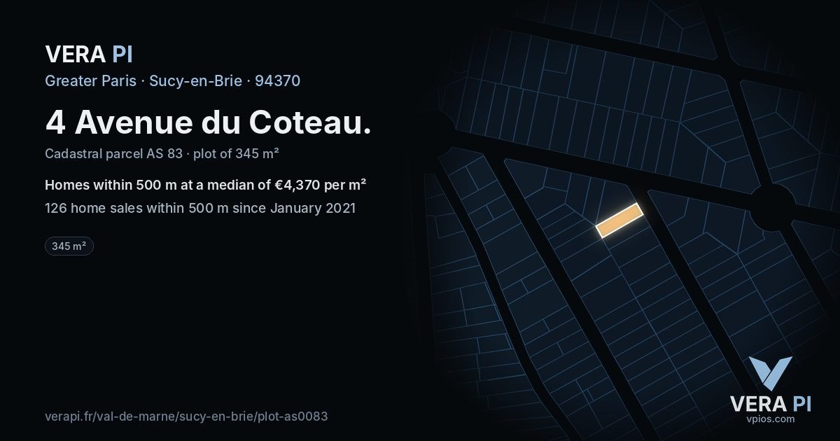 4 Avenue du Coteau, Sucy-en-Brie at night – the plot lit, the parcels around coloured by the prices near them