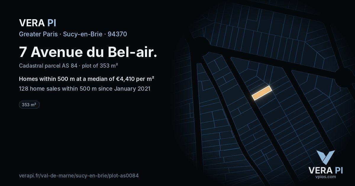 7 Avenue du Bel-air, Sucy-en-Brie at night – the plot lit, the parcels around coloured by the prices near them
