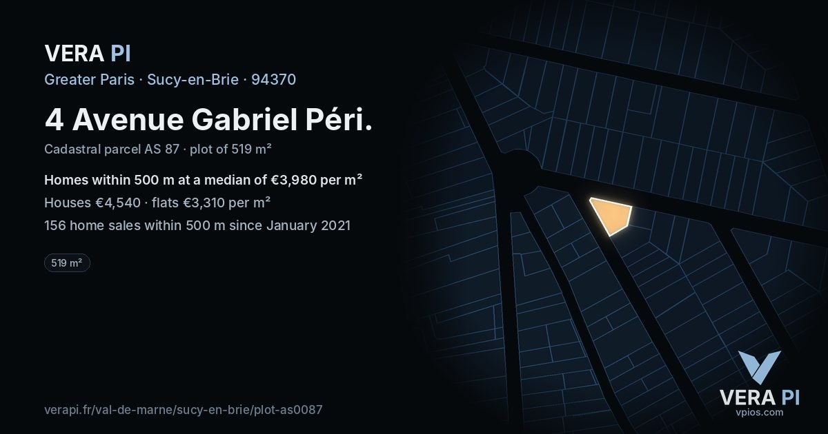 4 Avenue Gabriel Péri, Sucy-en-Brie at night – the plot lit, the parcels around coloured by the prices near them