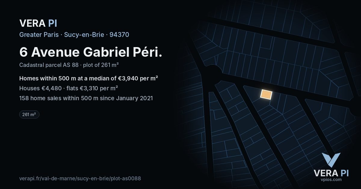 6 Avenue Gabriel Péri, Sucy-en-Brie at night – the plot lit, the parcels around coloured by the prices near them