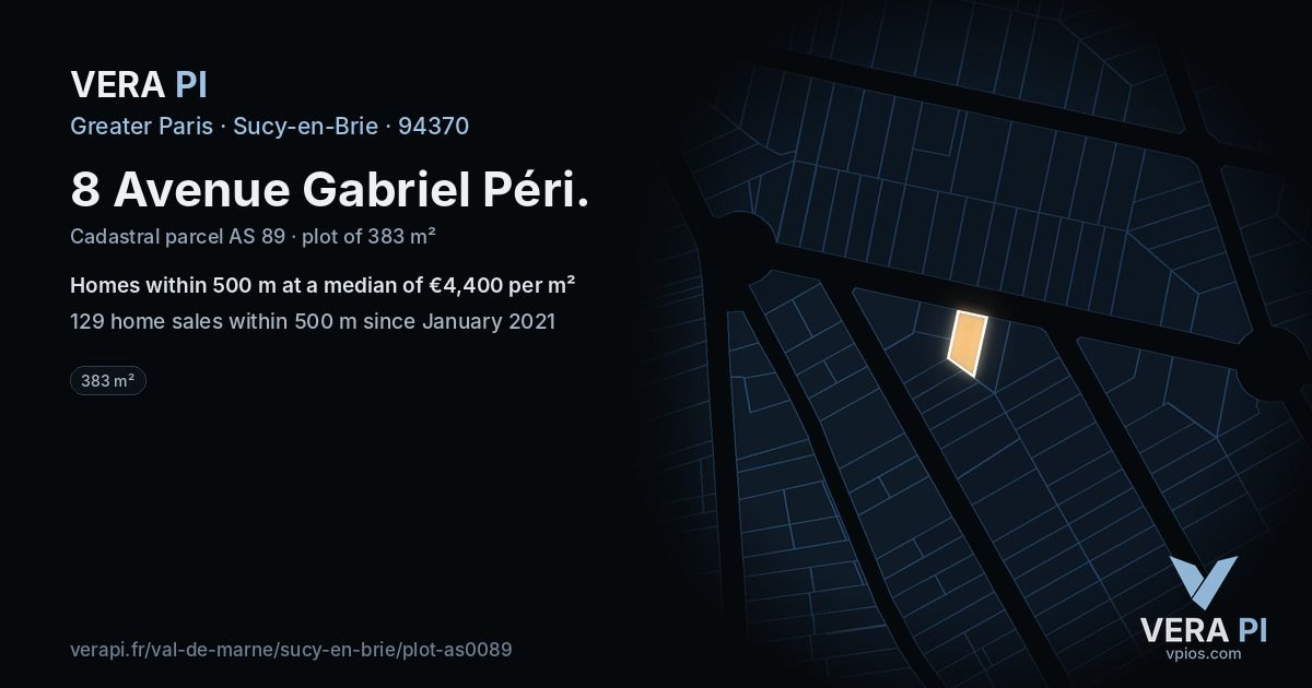 8 Avenue Gabriel Péri, Sucy-en-Brie at night – the plot lit, the parcels around coloured by the prices near them