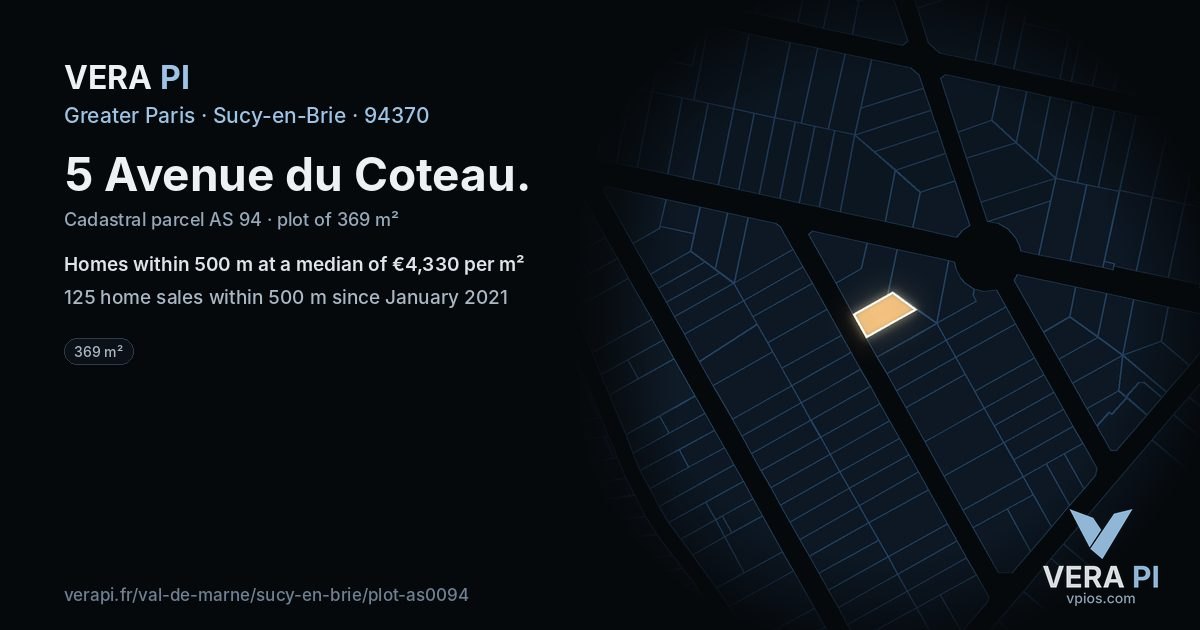 5 Avenue du Coteau, Sucy-en-Brie at night – the plot lit, the parcels around coloured by the prices near them