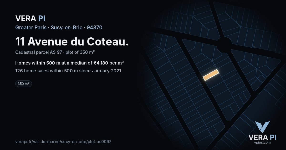 11 Avenue du Coteau, Sucy-en-Brie at night – the plot lit, the parcels around coloured by the prices near them