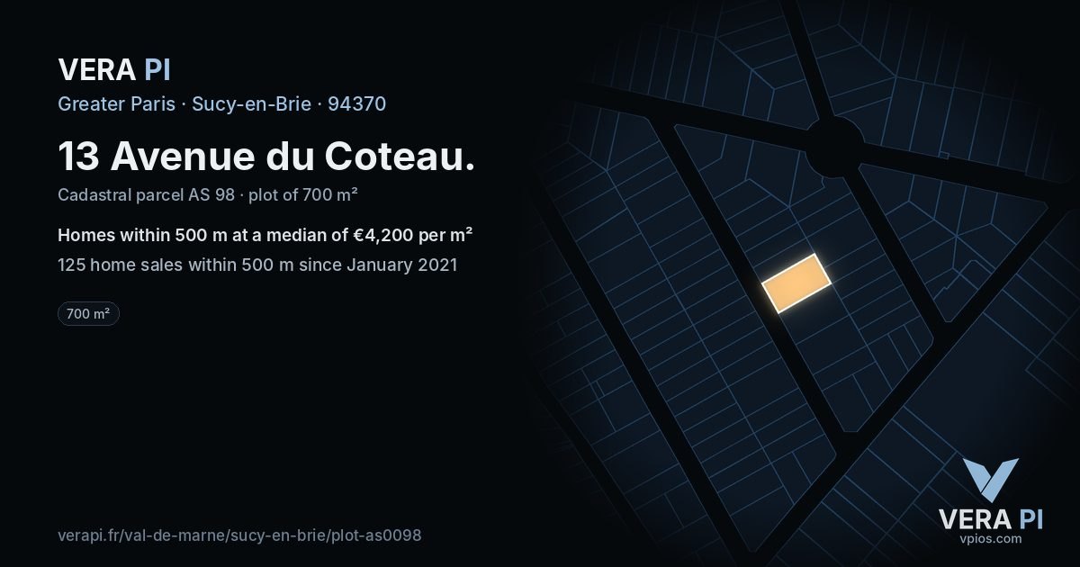13 Avenue du Coteau, Sucy-en-Brie at night – the plot lit, the parcels around coloured by the prices near them