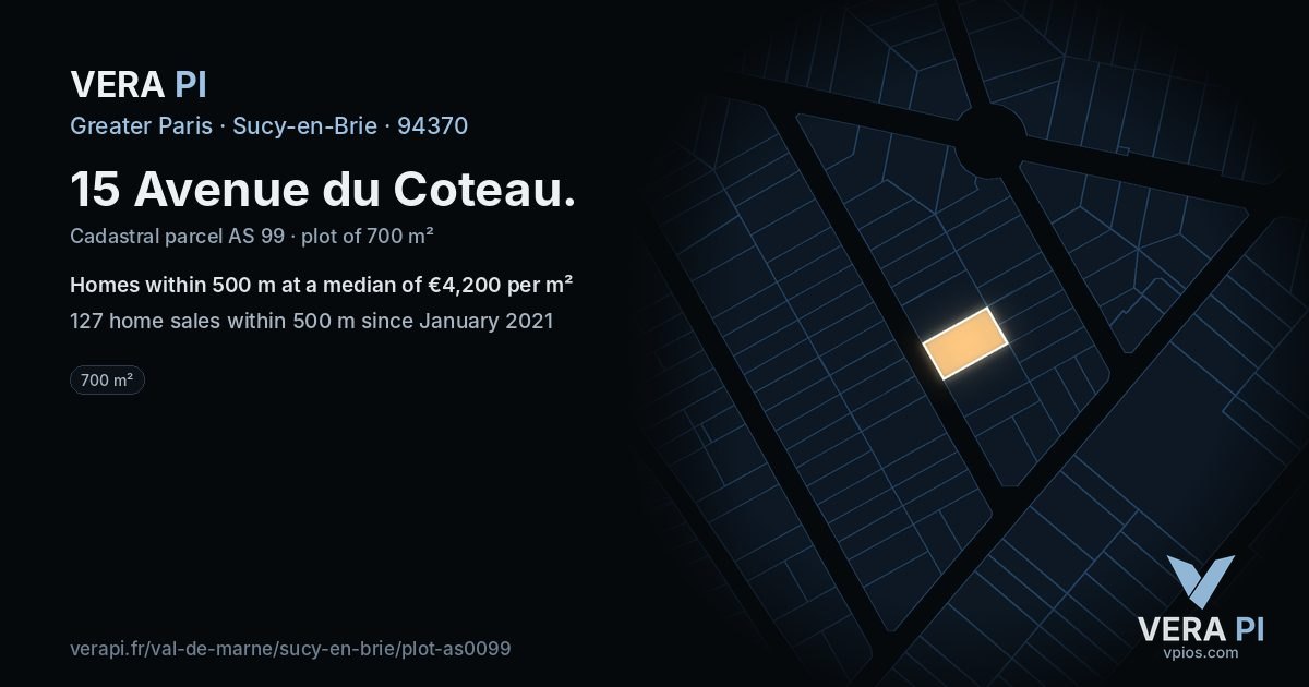 15 Avenue du Coteau, Sucy-en-Brie at night – the plot lit, the parcels around coloured by the prices near them