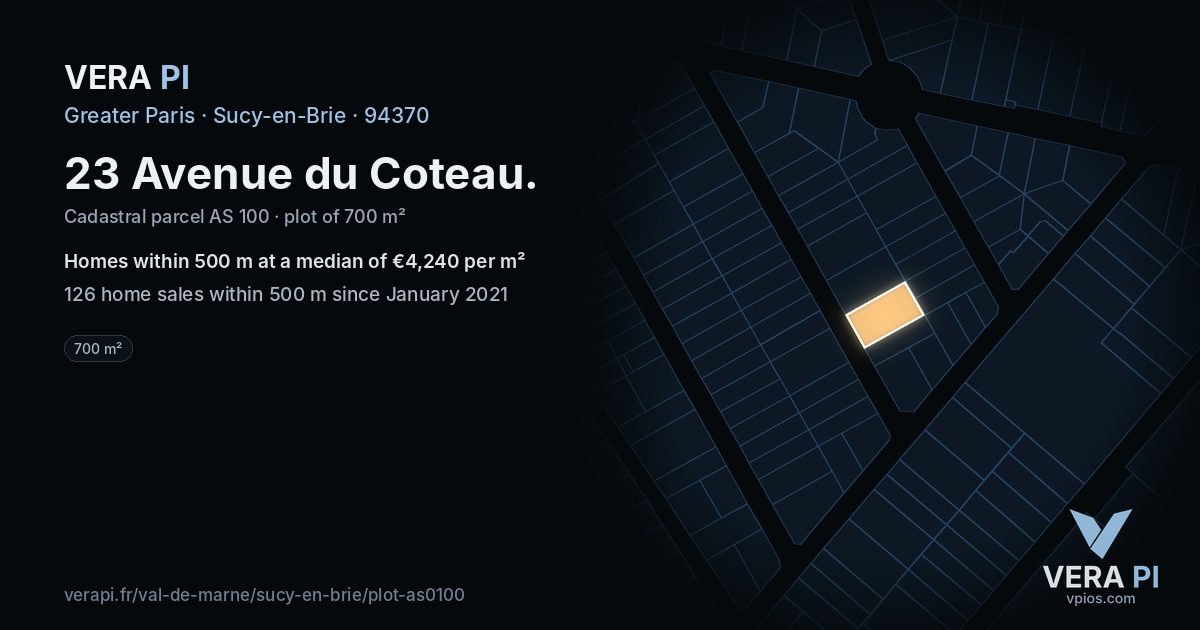 23 Avenue du Coteau, Sucy-en-Brie at night – the plot lit, the parcels around coloured by the prices near them