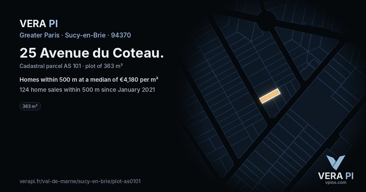 25 Avenue du Coteau, Sucy-en-Brie at night – the plot lit, the parcels around coloured by the prices near them