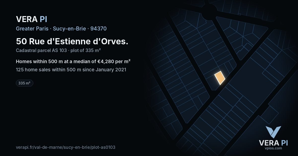 50 Rue d'Estienne d'Orves, Sucy-en-Brie at night – the plot lit, the parcels around coloured by the prices near them