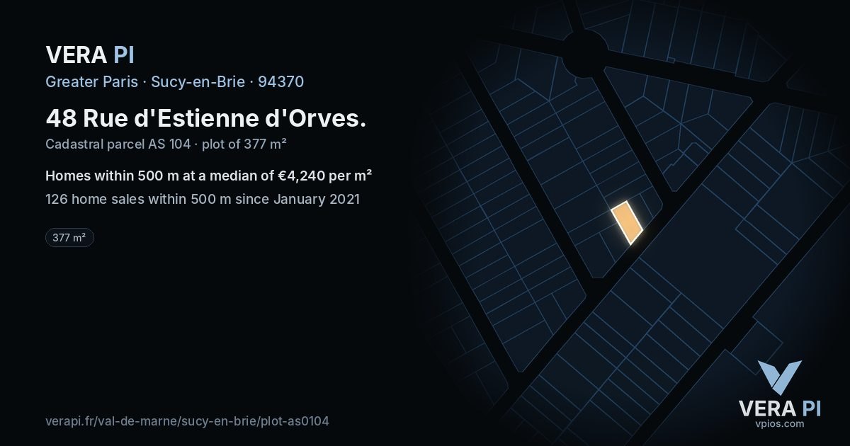 48 Rue d'Estienne d'Orves, Sucy-en-Brie at night – the plot lit, the parcels around coloured by the prices near them