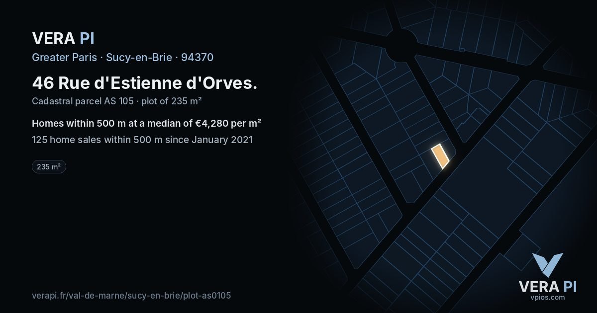 46 Rue d'Estienne d'Orves, Sucy-en-Brie at night – the plot lit, the parcels around coloured by the prices near them