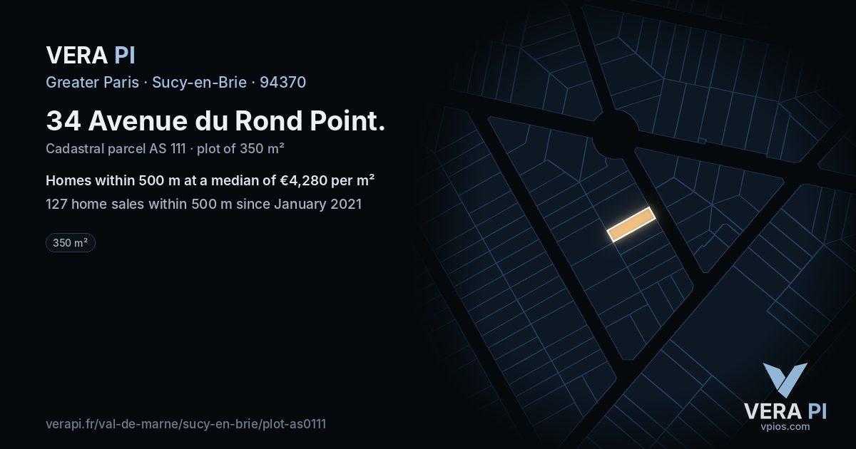 34 Avenue du Rond Point, Sucy-en-Brie at night – the plot lit, the parcels around coloured by the prices near them