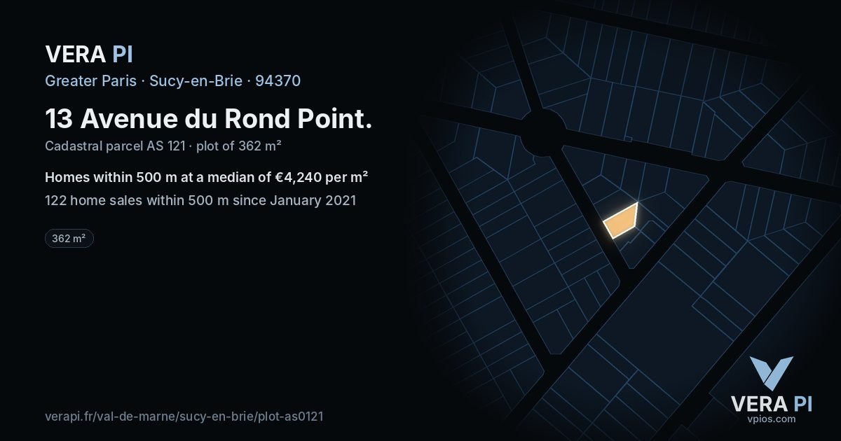 13 Avenue du Rond Point, Sucy-en-Brie at night – the plot lit, the parcels around coloured by the prices near them