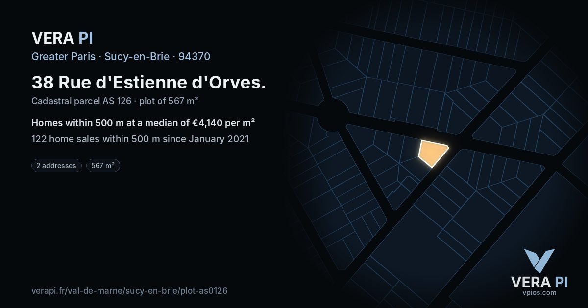 38 Rue d'Estienne d'Orves, Sucy-en-Brie at night – the plot lit, the parcels around coloured by the prices near them