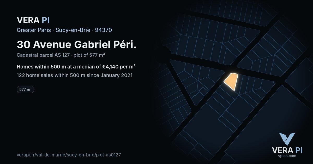 30 Avenue Gabriel Péri, Sucy-en-Brie at night – the plot lit, the parcels around coloured by the prices near them