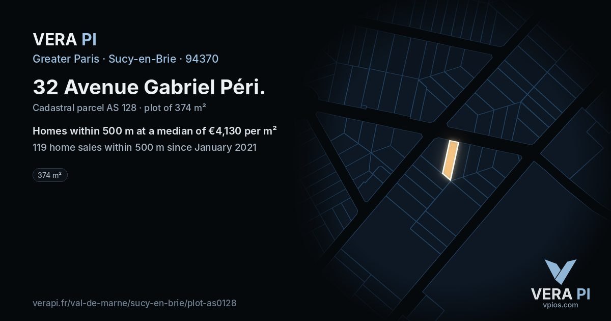 32 Avenue Gabriel Péri, Sucy-en-Brie at night – the plot lit, the parcels around coloured by the prices near them