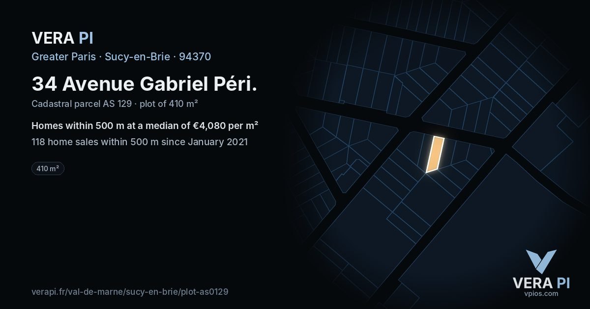 34 Avenue Gabriel Péri, Sucy-en-Brie at night – the plot lit, the parcels around coloured by the prices near them