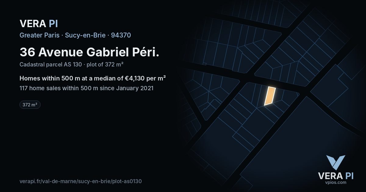 36 Avenue Gabriel Péri, Sucy-en-Brie at night – the plot lit, the parcels around coloured by the prices near them