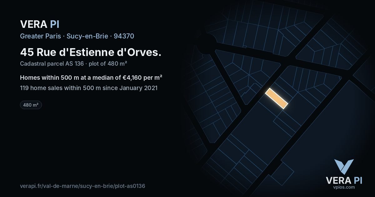 45 Rue d'Estienne d'Orves, Sucy-en-Brie at night – the plot lit, the parcels around coloured by the prices near them