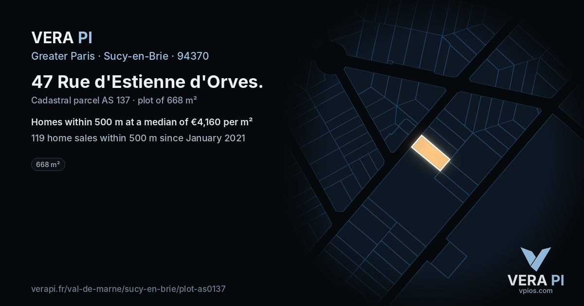 47 Rue d'Estienne d'Orves, Sucy-en-Brie at night – the plot lit, the parcels around coloured by the prices near them