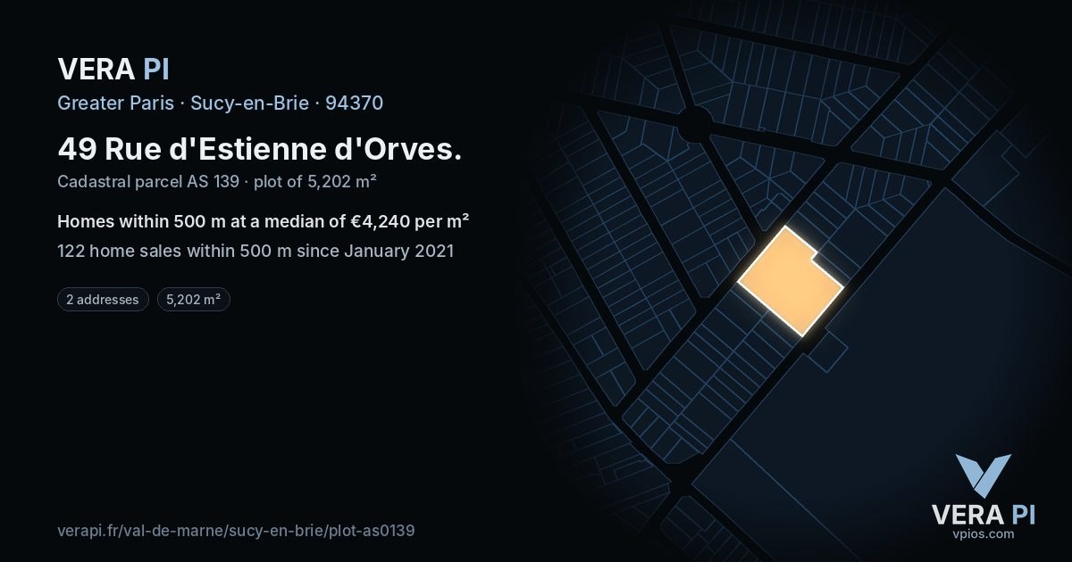 49 Rue d'Estienne d'Orves, Sucy-en-Brie at night – the plot lit, the parcels around coloured by the prices near them