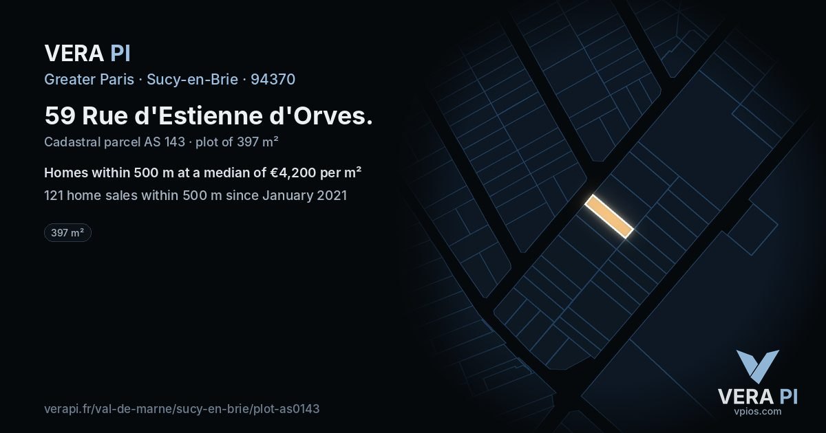 59 Rue d'Estienne d'Orves, Sucy-en-Brie at night – the plot lit, the parcels around coloured by the prices near them