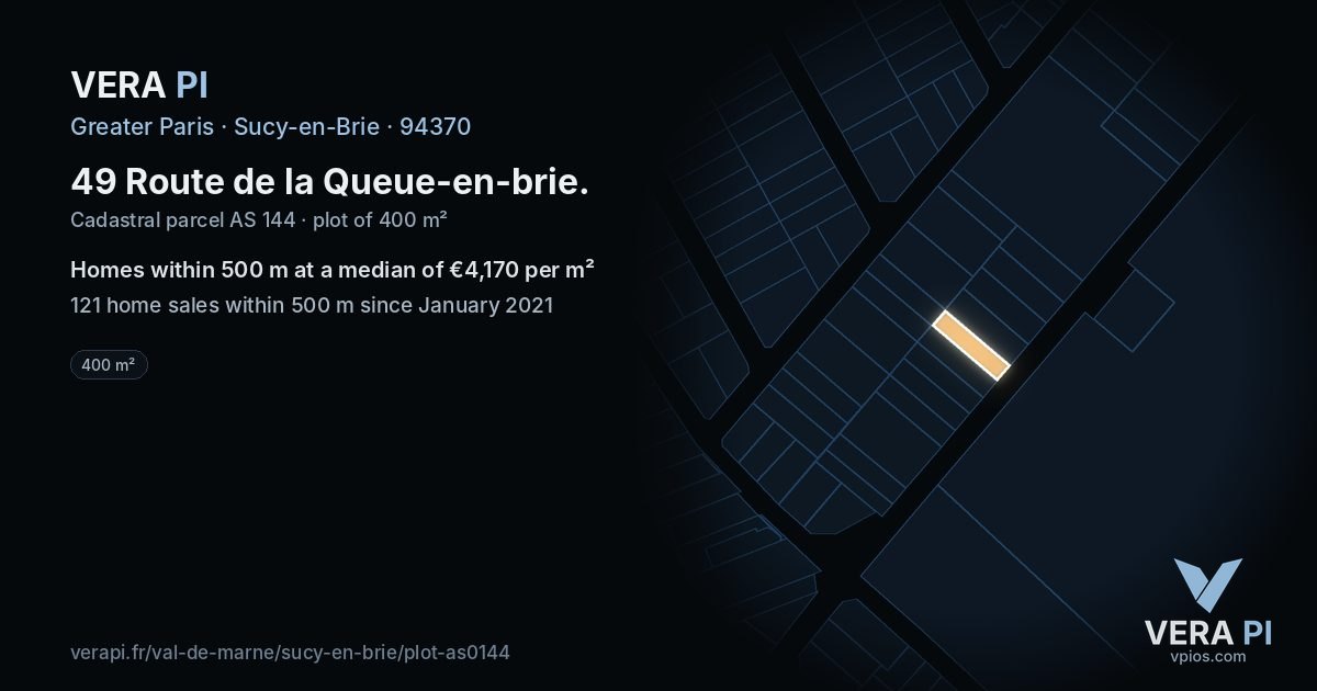 49 Route de la Queue-en-brie, Sucy-en-Brie at night – the plot lit, the parcels around coloured by the prices near them