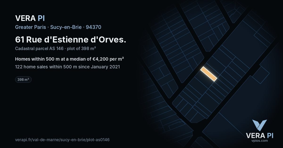 61 Rue d'Estienne d'Orves, Sucy-en-Brie at night – the plot lit, the parcels around coloured by the prices near them