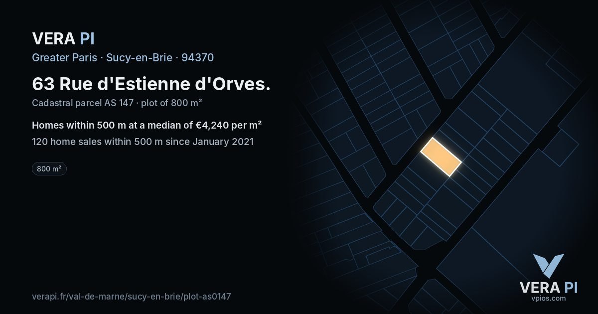 63 Rue d'Estienne d'Orves, Sucy-en-Brie at night – the plot lit, the parcels around coloured by the prices near them