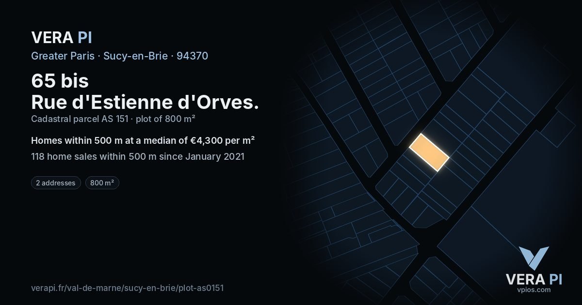 65 bis Rue d'Estienne d'Orves, Sucy-en-Brie at night – the plot lit, the parcels around coloured by the prices near them