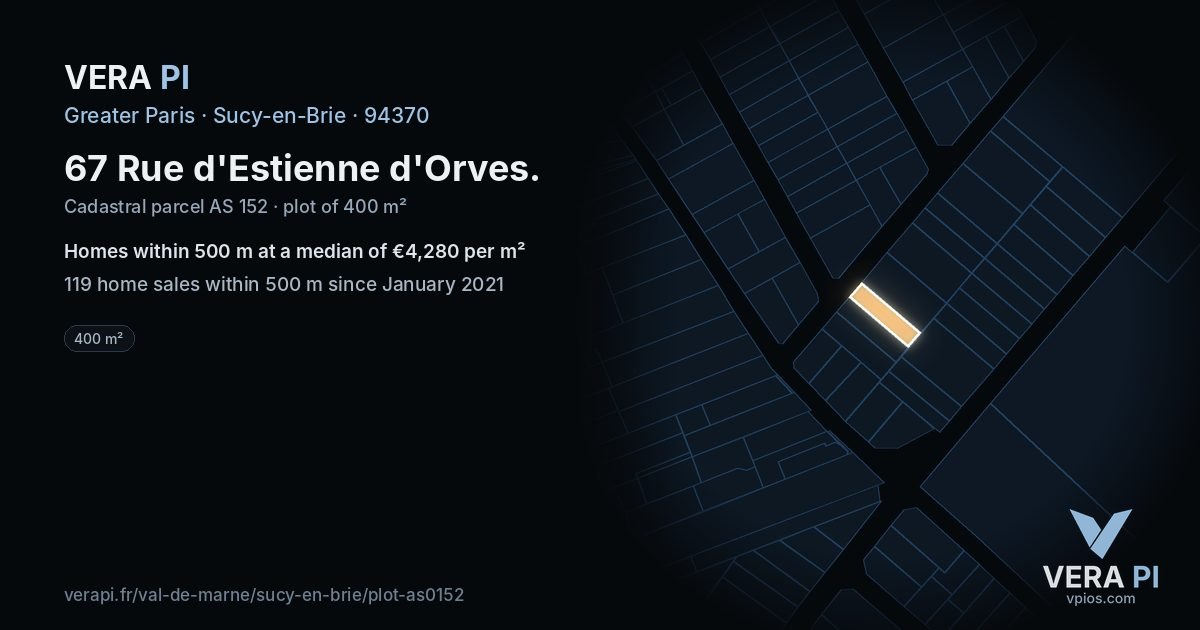 67 Rue d'Estienne d'Orves, Sucy-en-Brie at night – the plot lit, the parcels around coloured by the prices near them