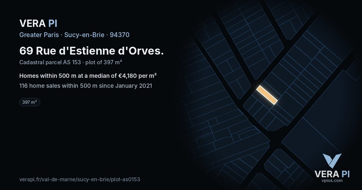 69 Rue d'Estienne d'Orves, Sucy-en-Brie at night – the plot lit, the parcels around coloured by the prices near them
