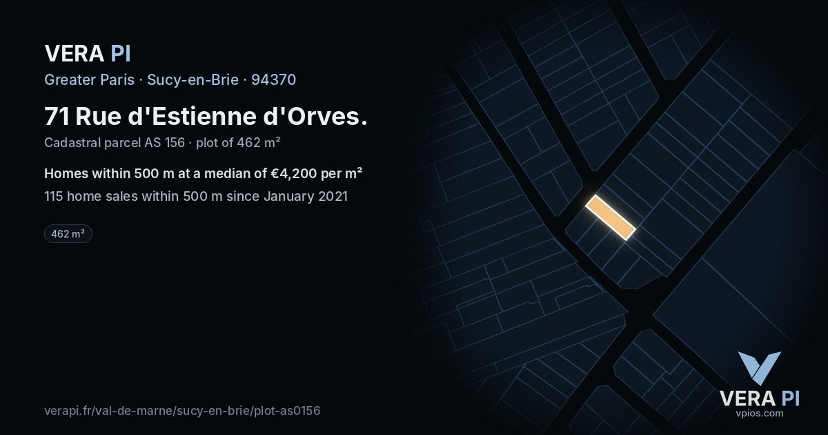 71 Rue d'Estienne d'Orves, Sucy-en-Brie at night – the plot lit, the parcels around coloured by the prices near them