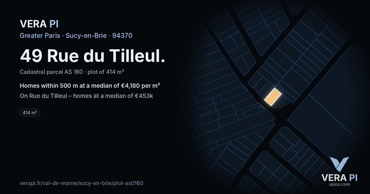 49 Rue du Tilleul, Sucy-en-Brie at night – the plot lit, the parcels around coloured by the prices near them