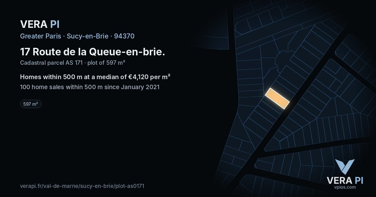 17 Route de la Queue-en-brie, Sucy-en-Brie at night – the plot lit, the parcels around coloured by the prices near them